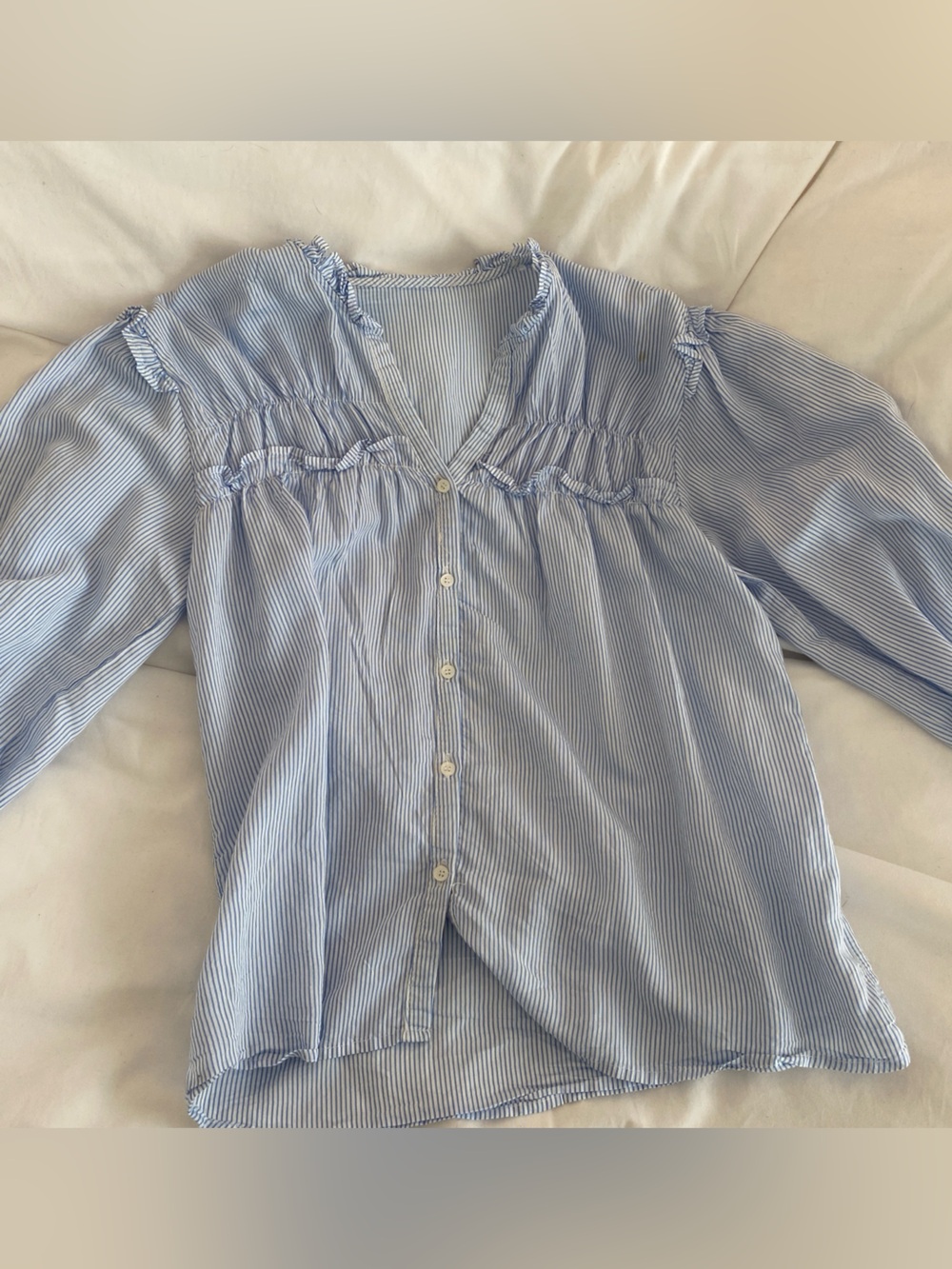 Blue and White striped poplin button blouse top